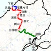 広浜鉄道は島根県側の三段峡～石見今福～下府・浜田間（赤・青）が開業することなく「幻の鉄路」に。広島県側の横川～三段峡間は開業したが、このうち可部～三段峡間（緑）が既に廃止されている。