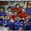 ISSへの到着後、地上と交信を行う44Sクルー（手前左からアイディン・アイムベトフ宇宙飛行士、セルゲイ・ヴォルコフ宇宙飛行士、アンドレアス・モーゲンセン宇宙飛行士）