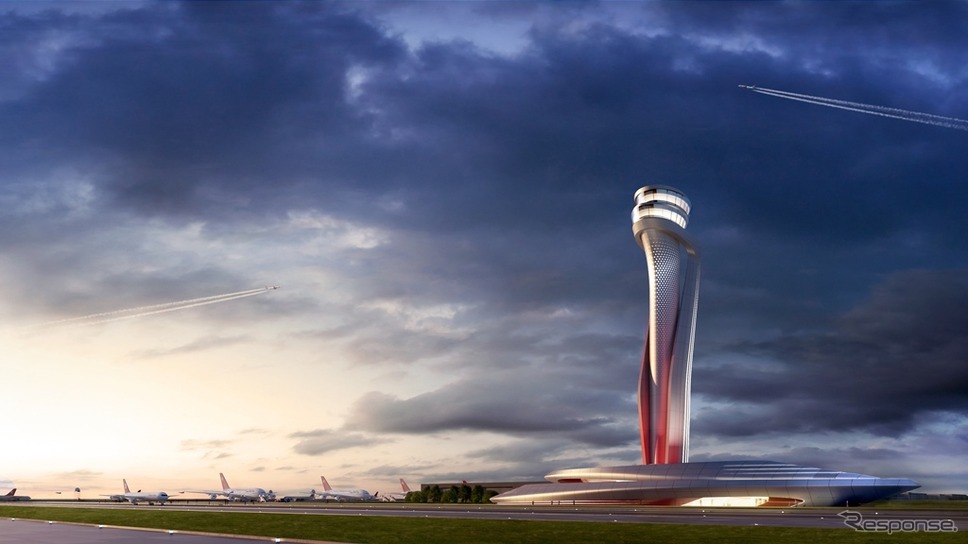 トルコ・イスタンブールの新空港管制塔における建築コンペで選ばれた、アメリカの本拠とする国際エンジニアリング会社のAECOMとイタリアのピニンファリーナによる共同提案。
