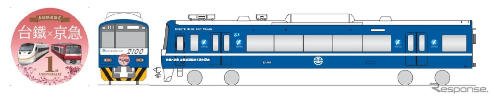 2月22日から京急線で運行される「台湾鉄路の普快車」。京急2100形「KEIKYU BLUE SKY TRAIN」にラッピングを施し、普快車に似たデザインにする。
