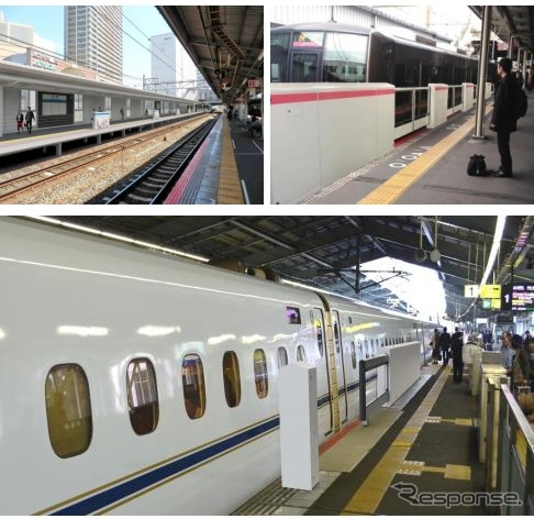 新たにホームドアが設置される高槻（左上）、京橋（右上）、新神戸（下）の3駅。高槻駅はロープが上下する昇降式ホーム柵が設けられる。