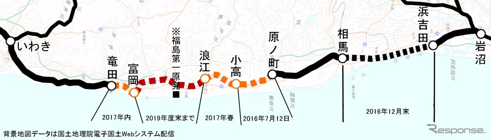 常磐線の再開スケジュール。小高～原ノ町間の再開日は7月12日に決まった。