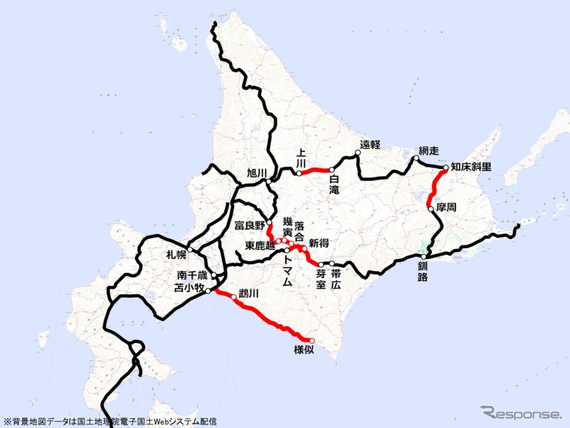 JR北海道の鉄道路線。運休中の区間（赤）は約390kmに及ぶ。