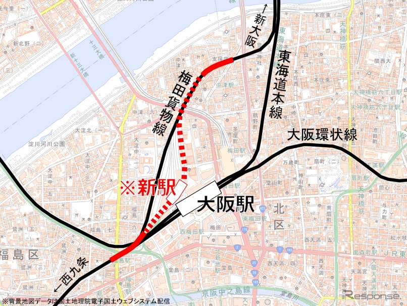 梅田貨物線の地下化区間と新駅の位置（赤）。梅田貨物駅跡地の再開発の一環として行われている。