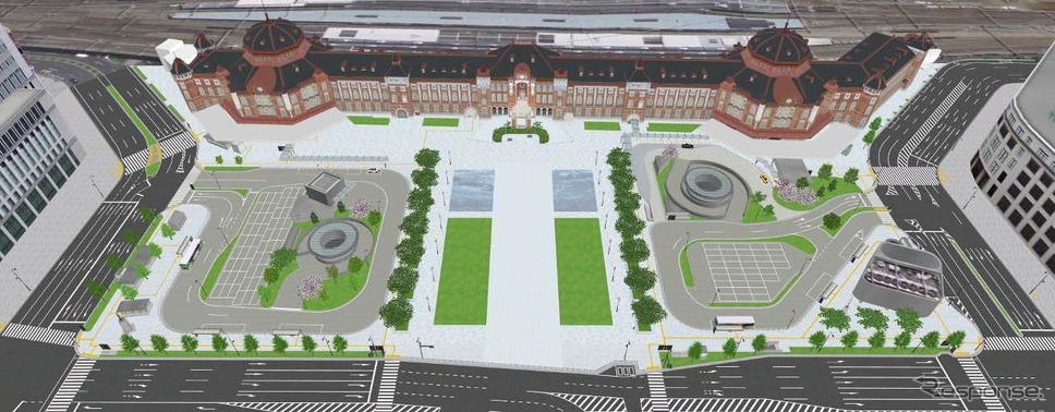 丸の内駅前広場の完成イメージ。全体の完成は2017年冬に延期されるが、中央部の歩行者空間は2017年5月の使用開始を目指す。