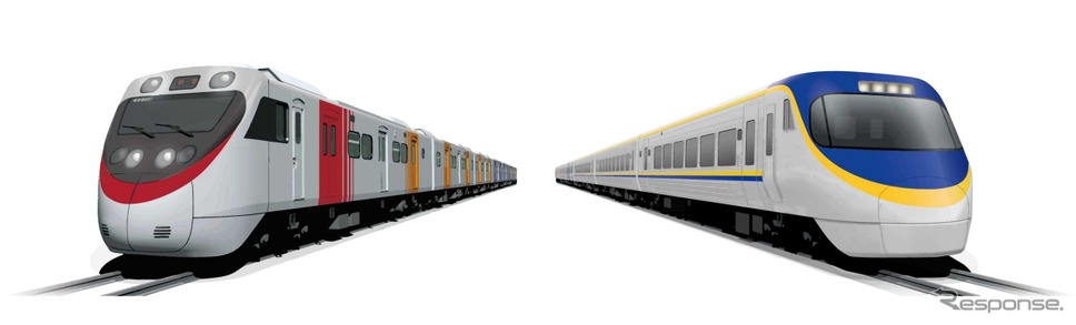 「JR四国8000系風」の台湾鉄路EMU800形（左）と、「台湾鉄路EMU800形風」のJR四国8000系（右）。先頭部の形状が似ており、一見すると区別がつかない。