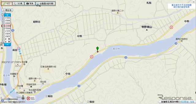 マピオンに表示された被災地の通行止め道路情報