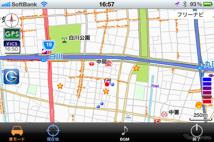 本アプリでUTISによる渋滞情報を表示したところ。VICSがフォローしない細い道まで網羅されているのがわかる。