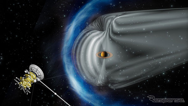 土星の磁気圏に生じた衝撃波を観測する土星探査機カッシーニ（想像図）。