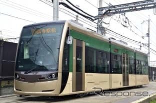 阪堺電軌が導入する超低床式LRVの1001形「堺トラム」。8月25日から営業運転を開始する。
