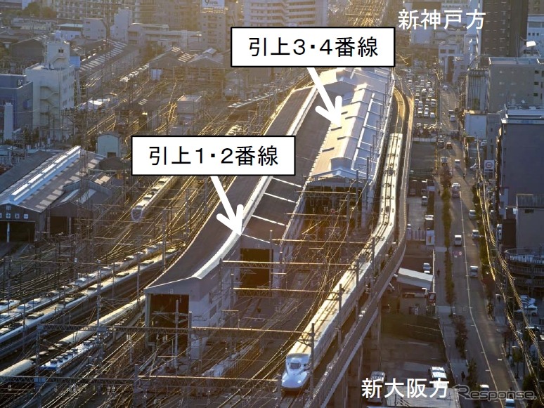 新大阪駅の新幹線新神戸方に設置されている引上線。従来は2線だけだったが、これを4線にする大規模改良工事がまもなく完成する。