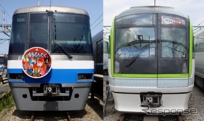 「博多どんたく」にあわせて掲出されるヘッドマーク。写真右は七隈線3000系、左は空港・箱崎線の2000系。