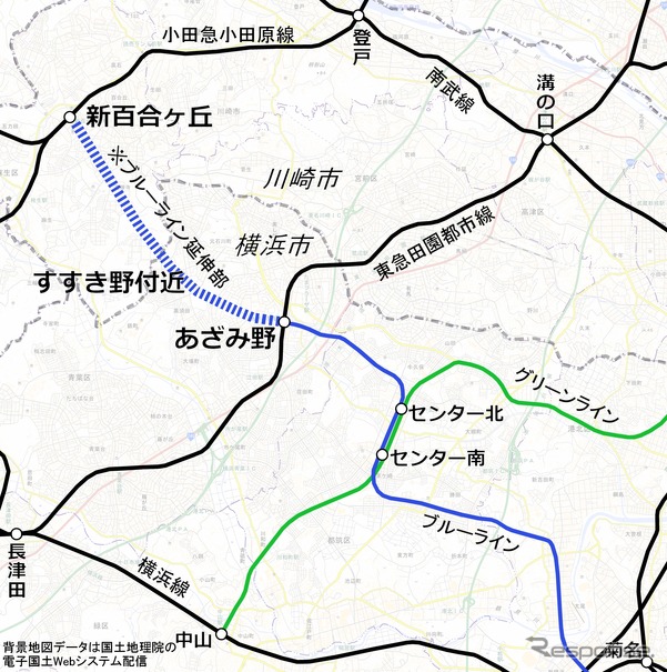 ブルーライン延伸部の想定ルート（青点線）。川崎市内の新百合ヶ丘まで延伸する。