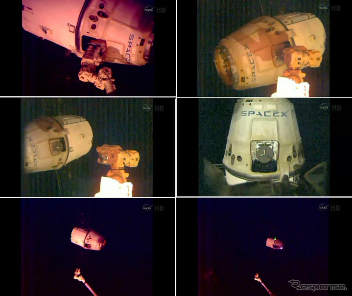 SSRMSから放出され、ISSを離れるドラゴン補給船運用4号機（出典：JAXA／NASA）