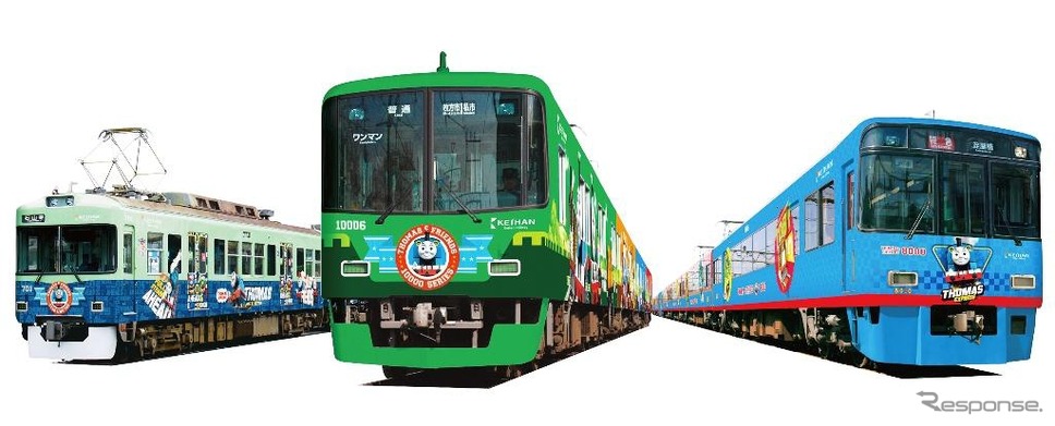 「京阪電車きかんしゃトーマス号2015」のイメージ。今回は8000系（右）に初めて「トーマス」のラッピングが施される。