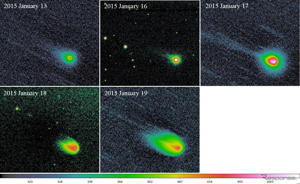 2回目のアウトバーストを起こしたフィンレー彗星の変化　1月16日の画像は石垣島天文台撮影、他は岡山天体物理観測所50cm望遠鏡撮影。