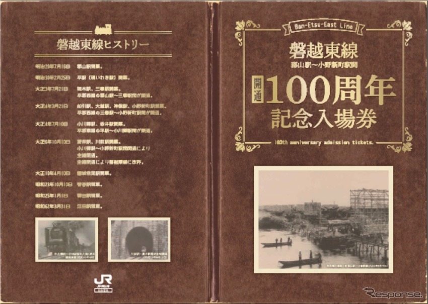 3月21日から発売される、郡山～小野新町間開業100周年記念入場券の台紙イメージ。磐越東線の昔の写真や年表などがデザインされている。