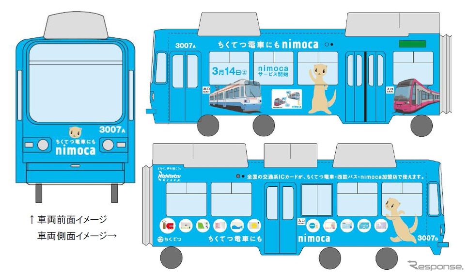 3月14日から運行を開始するラッピング電車のイメージ。水色をベースにnimocaカードなどをデザインする。