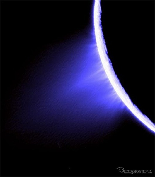 カッシーニ探査機によって撮影された、エンセラダスの南極付近の割れ目から噴出するプリュームの写真
