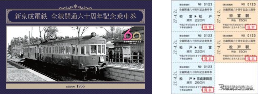 開通当時の懐かしい電車が表紙となった冊子と乗車券がセットになっている。記念券部分は3枚の乗車券と2枚の入場券がセットになっている。