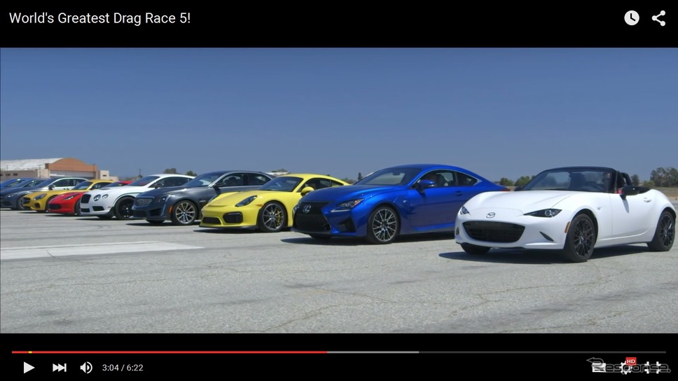 新型マツダロードスターやレクサスRC Fなど10台の加速競争映像を公開した米『モータートレンド』