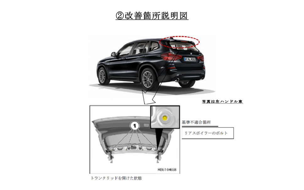 リアスポイラーの製造工程管理が不適切なため、リアスポイラー取付けボルトが装着されていないものがある。そのため、走行中リアスポイラーから異音(風きり音)が発生し、最悪の場合、高速度で走行するとリアスポイラーが脱落するおそれがある。