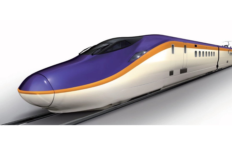 E8系の外観イメージ。「山形新幹線の地域に根差したイメージを継承・維持してブランドへと醸成」「山形の風土と、離れた土地にいる人の心の結びつきを感じさせるデザイン」をコンセプトに、塗色は「蔵王ビアンコ」と呼ばれるアイボリーをベースに、上部を「おしどりパープル」と呼ばれる紫色とし、「紅花イエロー」と呼ばれるラインが施される。
