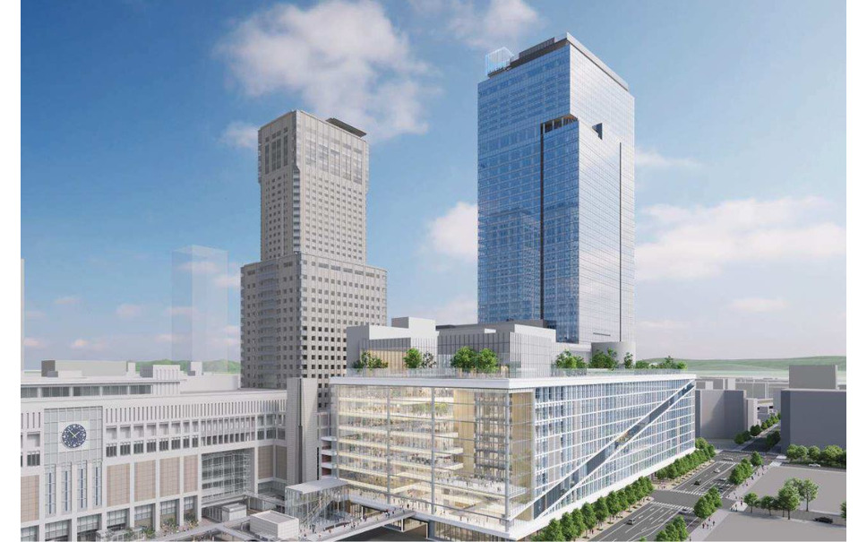 現在の札幌エスタと東側の札幌市所有地に建てられる大型高層施設のイメージ。