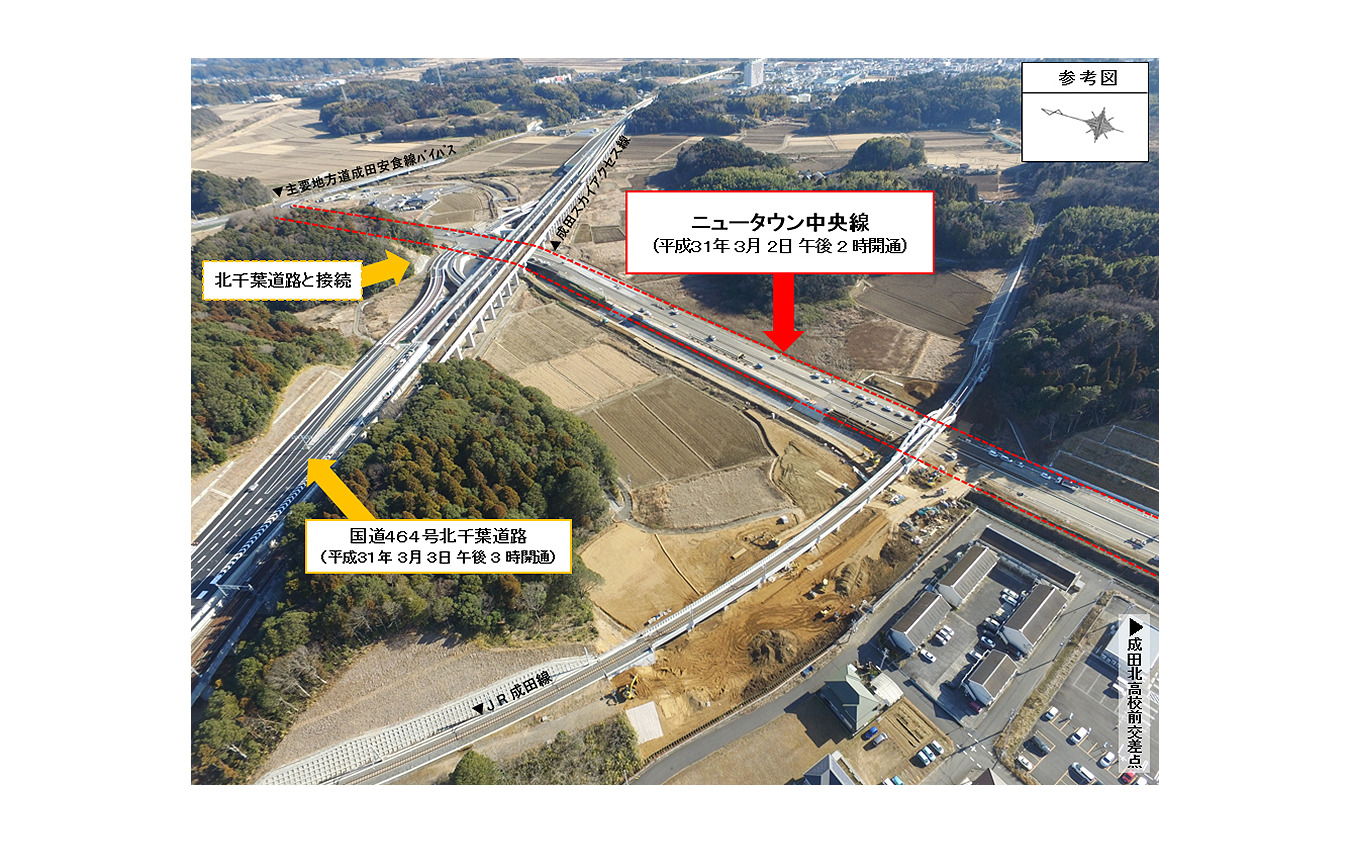 JR成田線大鷲架道橋とニュータウン中央線中央通り