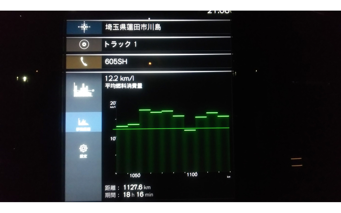 ボルボの燃費グラフは走行時間ではなく走行距離ごとに表示される。燃費を計算するにはこちらのほうが便利だ。ドライブ終盤、マイルドハイブリッドの特性に合わせた運転を試みているときのもので、良い数値が出ている。