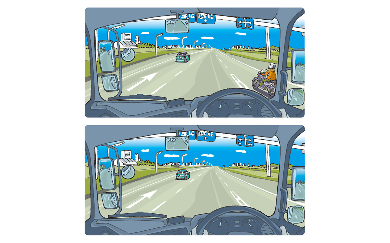 視野の右下に欠損があるドライバーの場合、前を見つめて走っていると、右下にいる二輪車の存在が、下段のイラストのように消えてしまう。（イラスト／手塚かつのり）