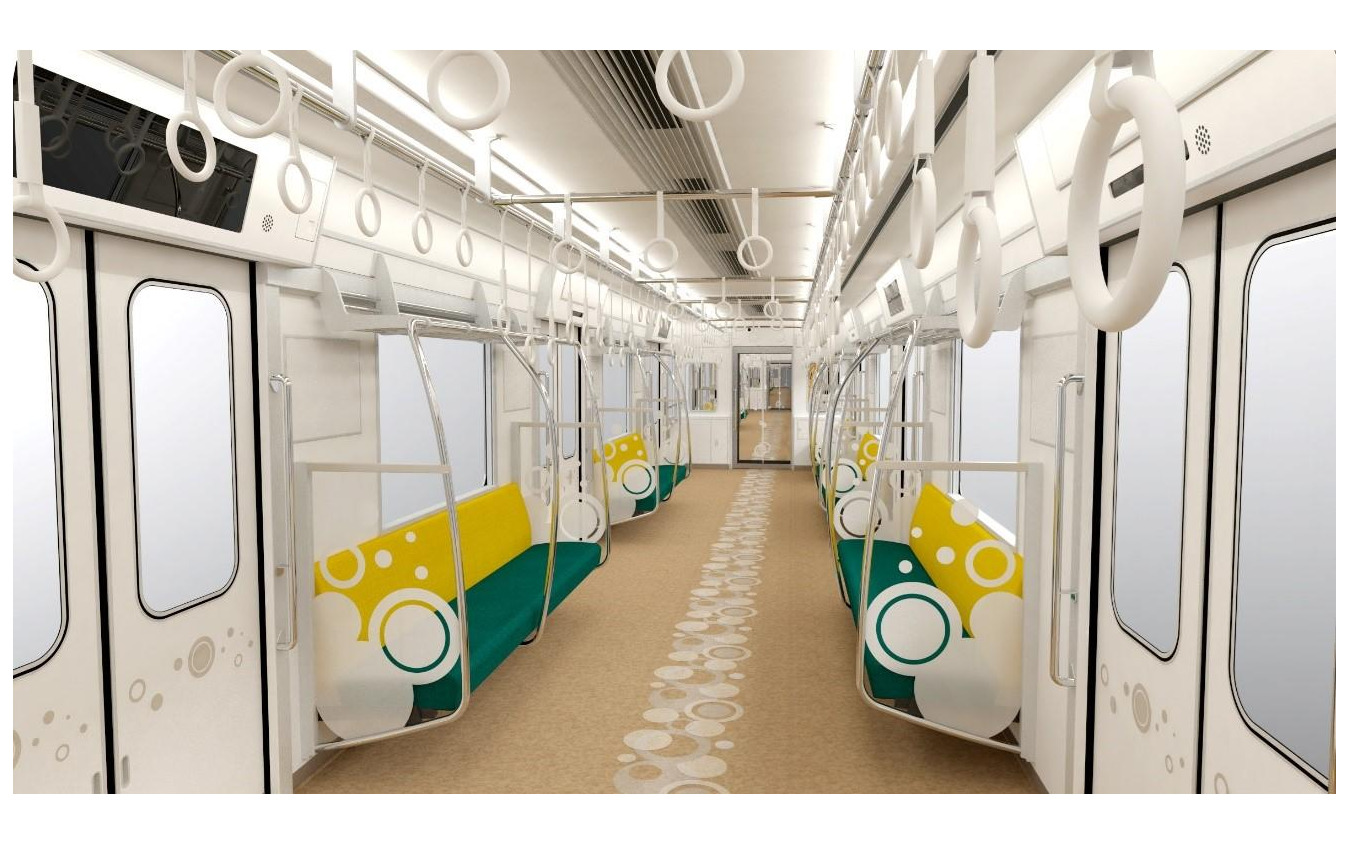 30000A系の車内。シートは背もたれにゴールドイエロー、座面にターコイズブルーを配し、車内全体が明るく軽やか、爽やかになるよう重心を下方に置いている。仕切りや壁面にもドットがデザインされている。大型荷物の利用者向けにドア付近のスペースが一部拡大。ドアの開閉はチャイムとランプで通知され、開いているドアの位置を知らせる誘導鈴も設置される。照明はLEDで、車内浄化装置を全車に装備。