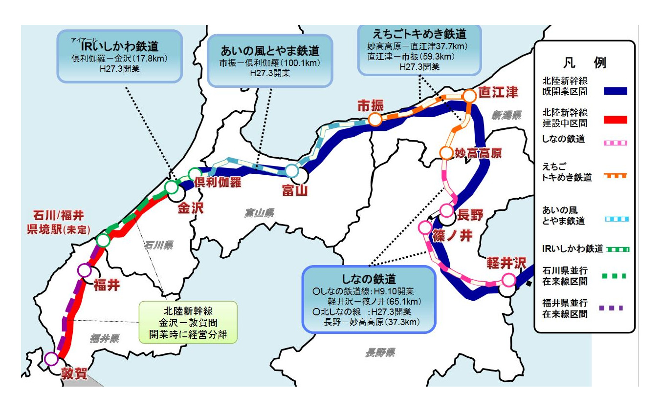 北陸新幹線の並行在来線。紫の破線が福井県内の並行在来線。