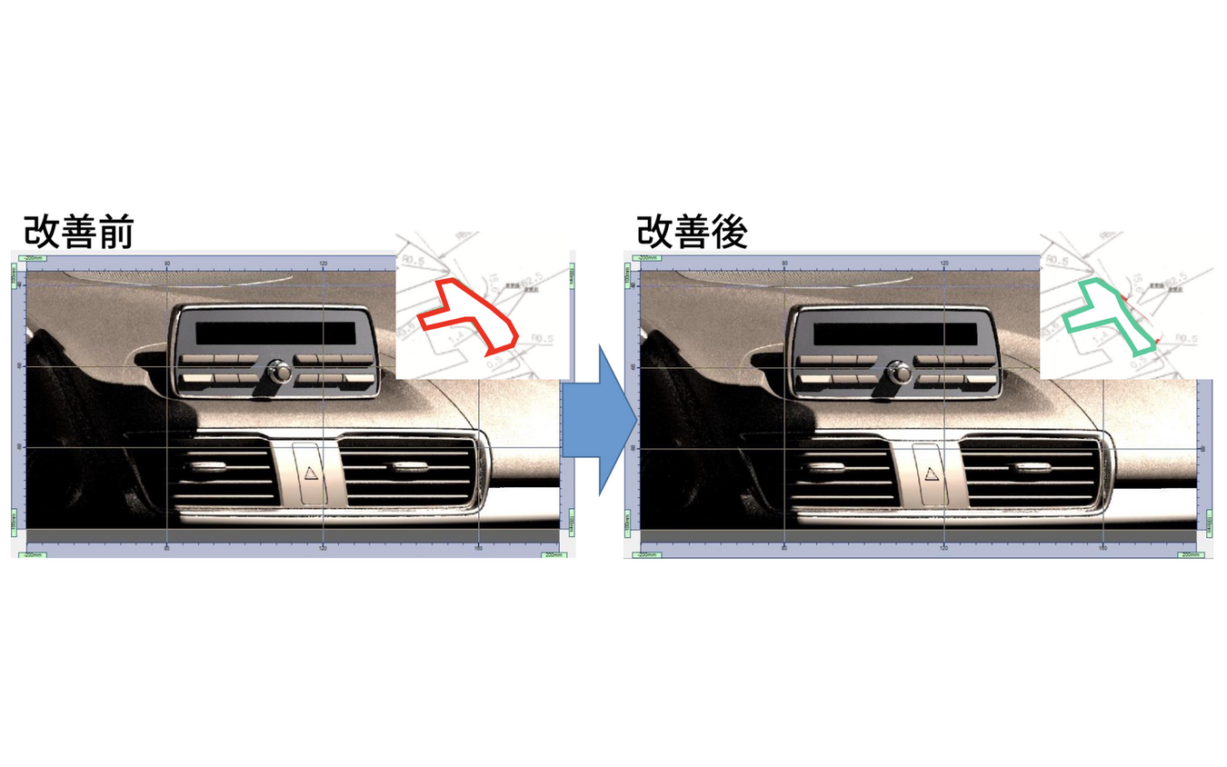 形状変更の効果をモデルを通して定量的に評価（右上の小さい図は断面＝横から見た図）。「眩しさの感じ方には、輝度、面積、背景の明るさなどが関係する」という仮説をもとに判断指標を確立し、開発の目標ポイントを定めている