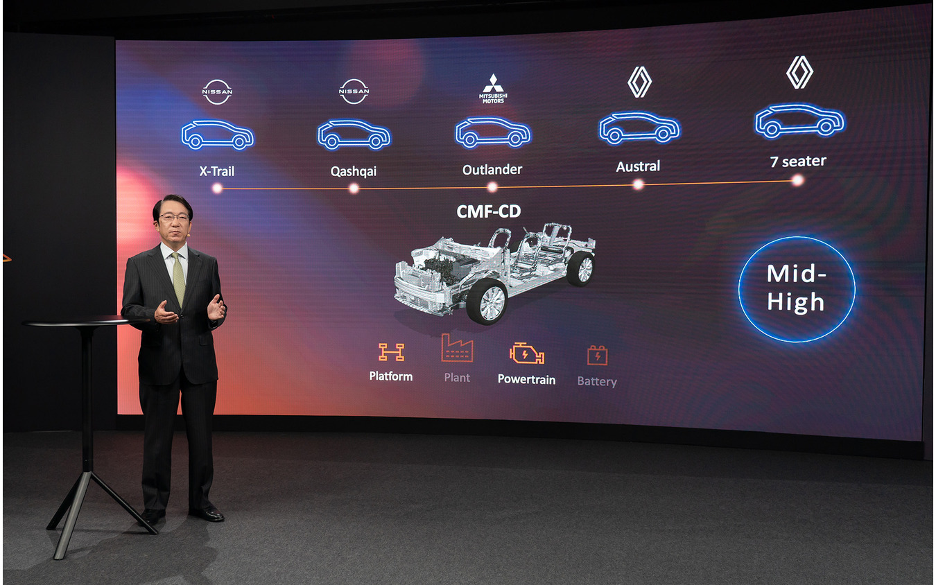 アライアンスによる共通プラットフォームを使った車種を三菱自動車の加藤隆雄CEOが紹介