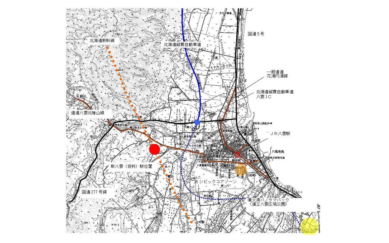 新八雲駅（仮称）の位置。