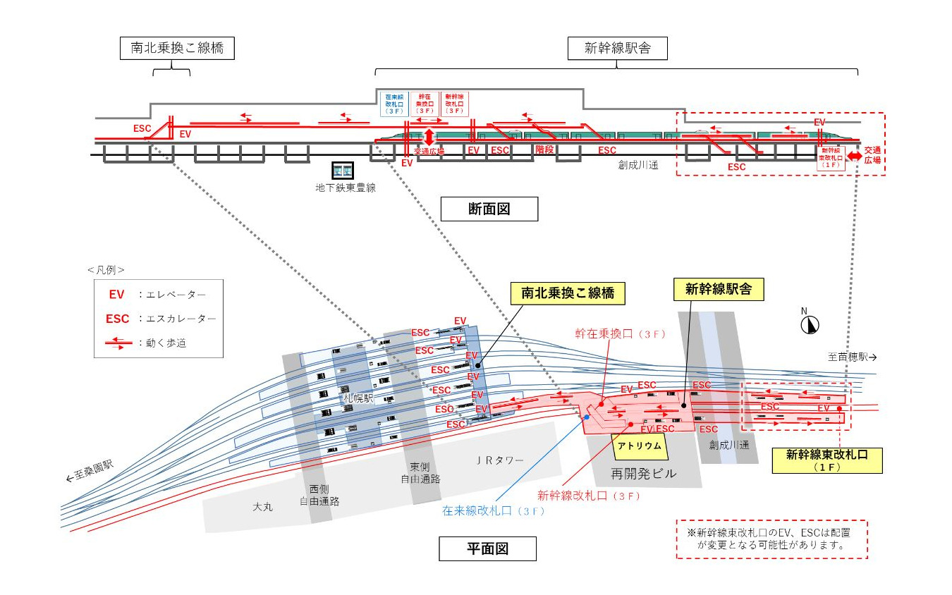 新幹線札幌駅の全体計画。現在の南側1番線は新幹線に転用される。