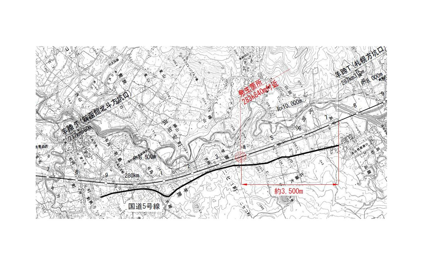 羊蹄トンネル比羅夫工区の位置（平面図）。