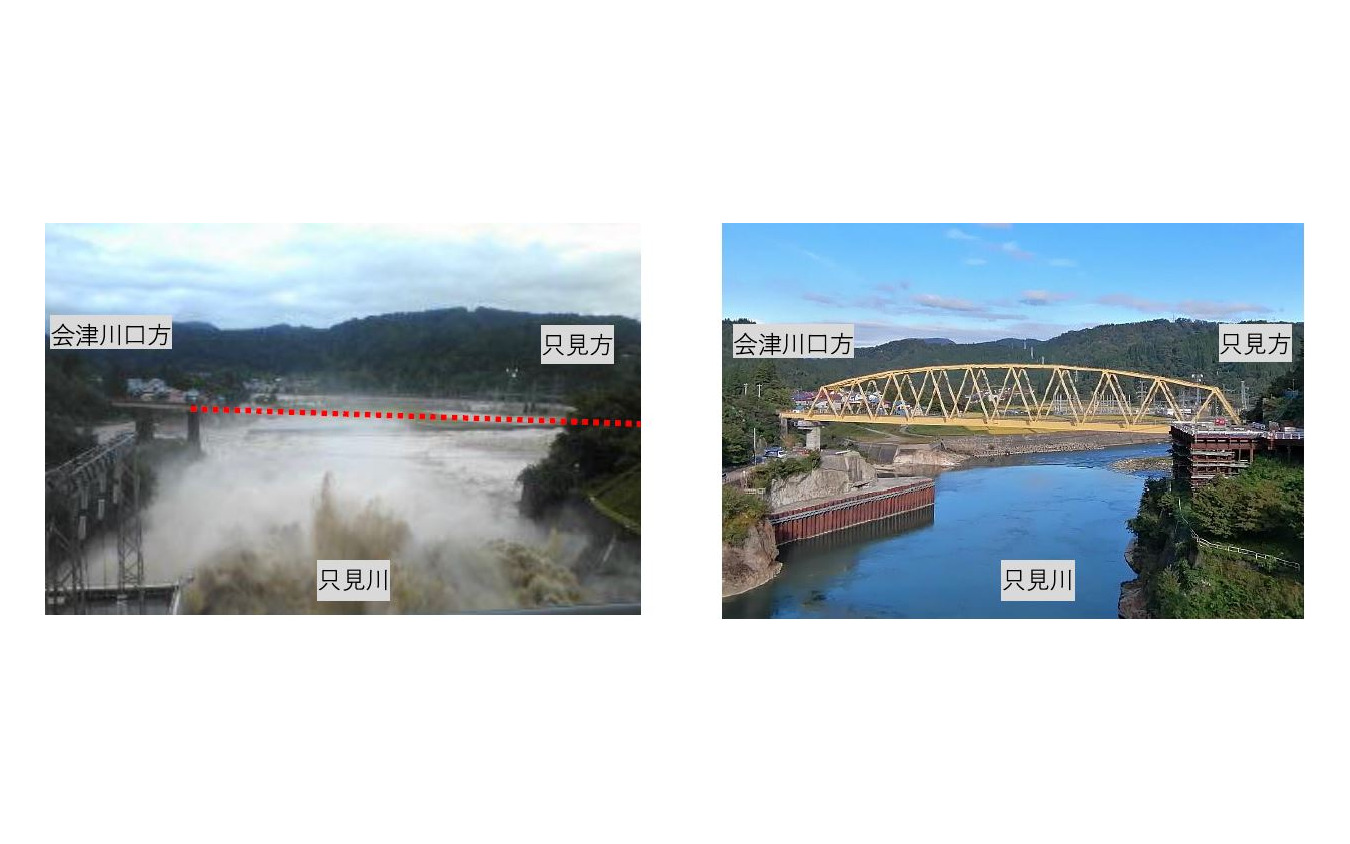 本名～会津越川間の第6只見川橋梁の被災時（左）と復旧時（右）。