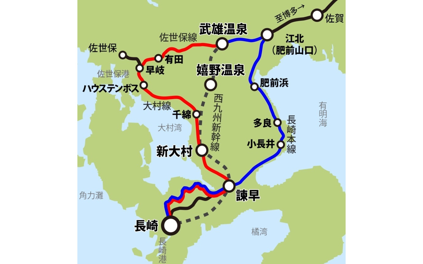 西九州を2日で1周する『ふたつ星4047』の運行ルート。西九州新幹線が山側を走るのに対して、『ふたつ星4047』は海側を走る。
