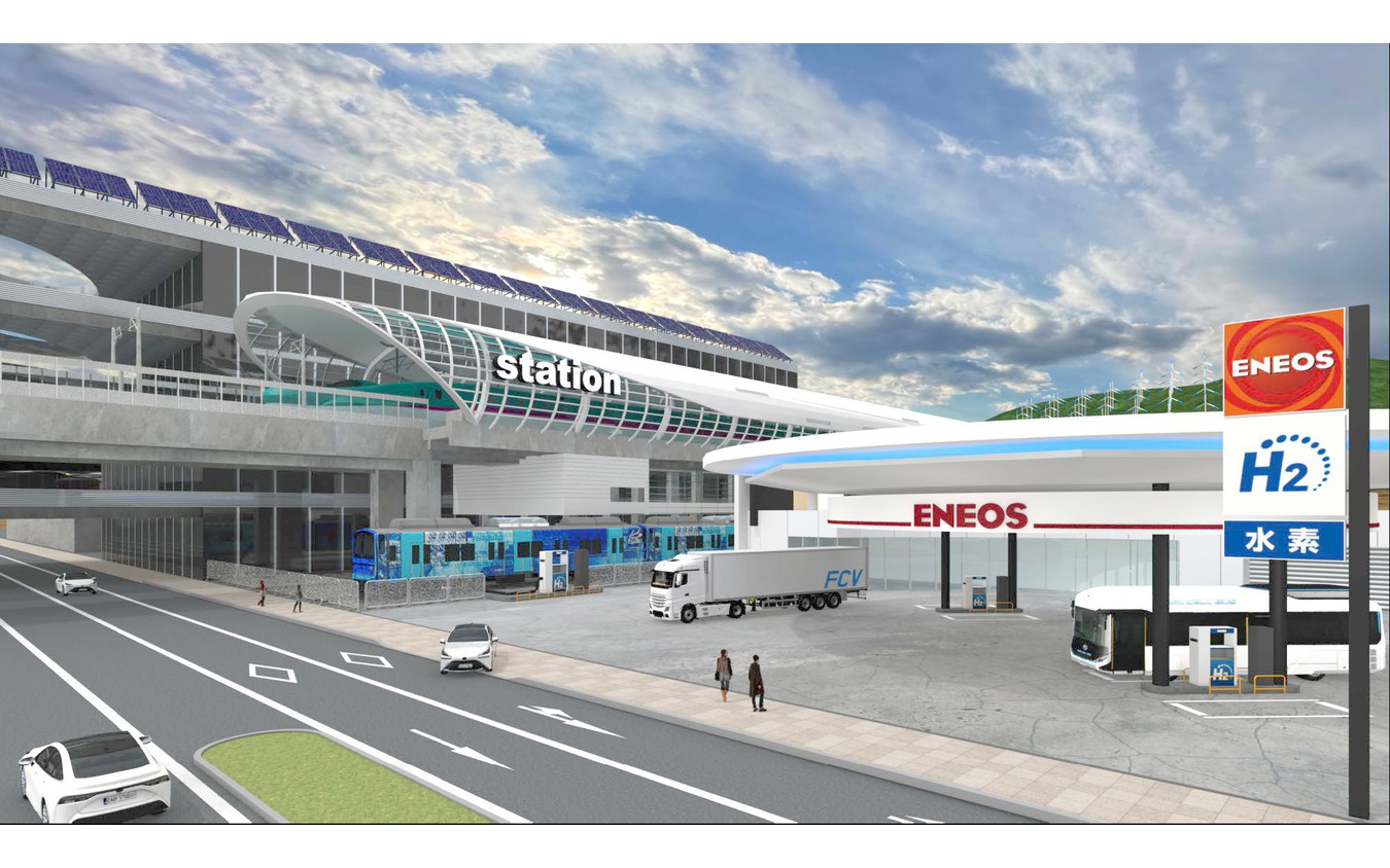 JR東日本とENEOSが共同で開発する総合水素ステーションのイメージ。電車のほか、バスやトラックを含めた燃料電池車や駅周辺施設へもCO2フリー水素を供給する総合的施設とすることが想定されている。
