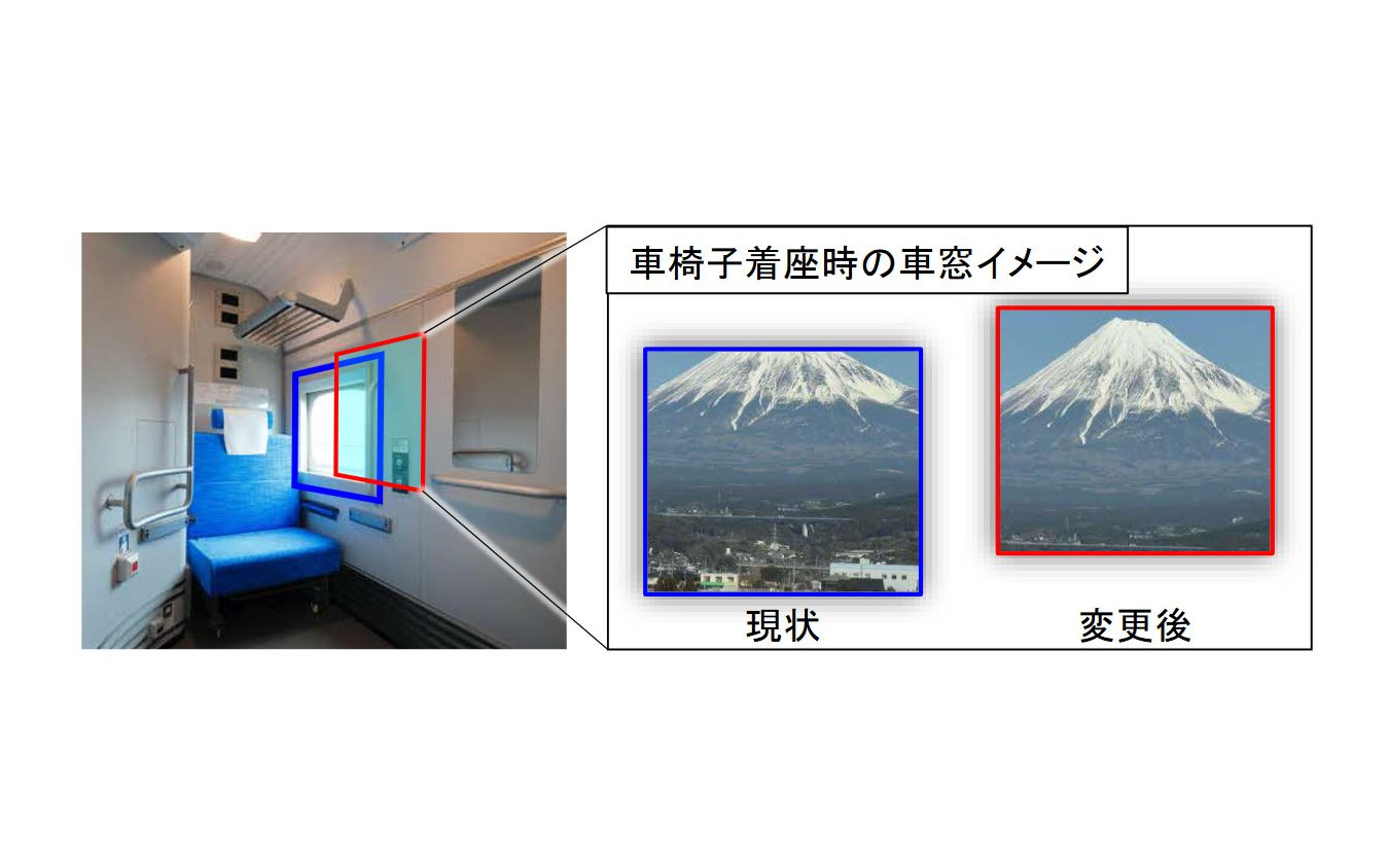 多目的室の改良点。車椅子のままでも景色を楽しみやすくなるよう、窓の位置が赤枠部分に移される。