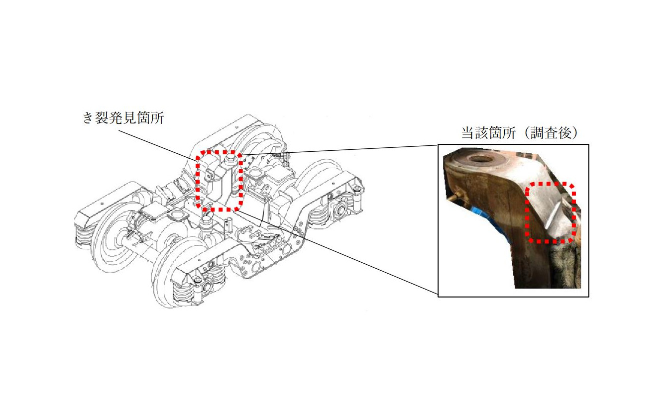 亀裂発見箇所(左)とその状態(右)。