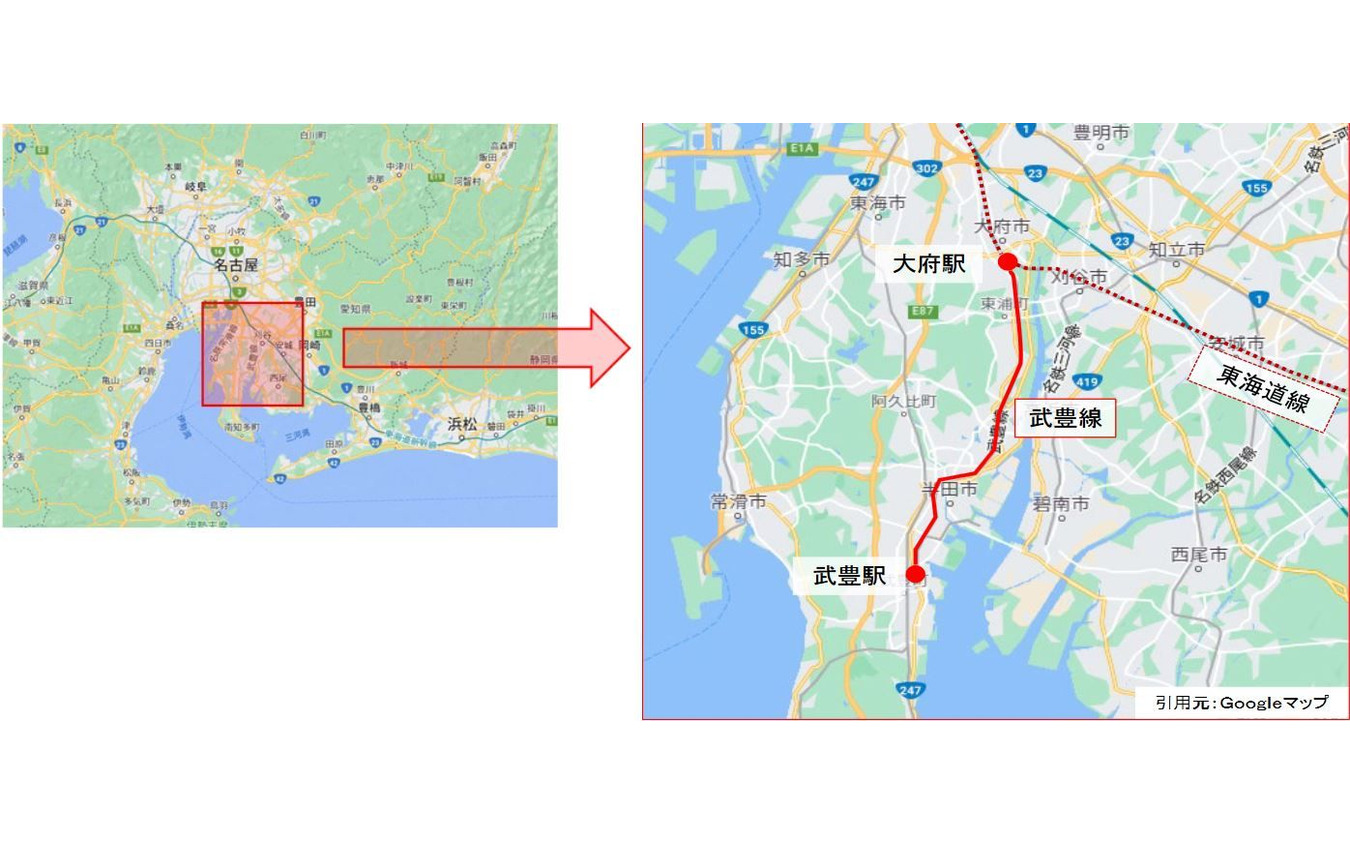 武豊線の位置。名古屋、岐阜、大垣への直通列車も運行されている。