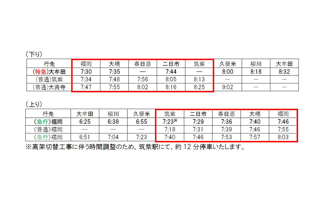 8月28日の天神大牟田線初電繰上げ計画。大宰府線では西鉄二日市発7時47分、大宰府発7時46分が初発となる。