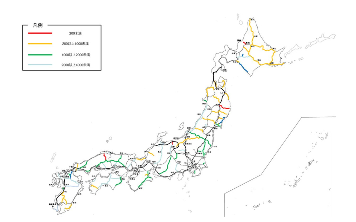 2019年度におけるJR線の輸送密度実績。北海道では東部と北部がほぼ1000人未満だが、JR北海道の綿貫泰之社長は、宗谷本線や石北本線などの黄色線区について、廃止を念頭にしていないと発言しているという。