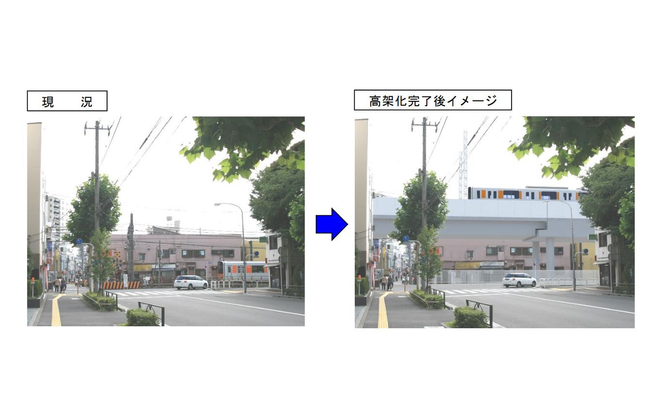 大山~中板橋間の東上線第16号踏切における高架完成後のイメージ(右)。