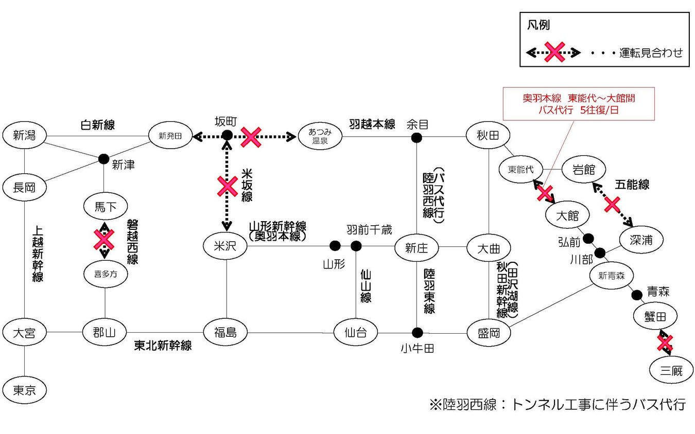 8月5日13時時点のJR東日本運休状況。羽越本線や奥羽本線、盛岡以北のIGRいわて銀河鉄道が一部不通となっているため、東北や北海道への貨物列車は迂回路を失っている。