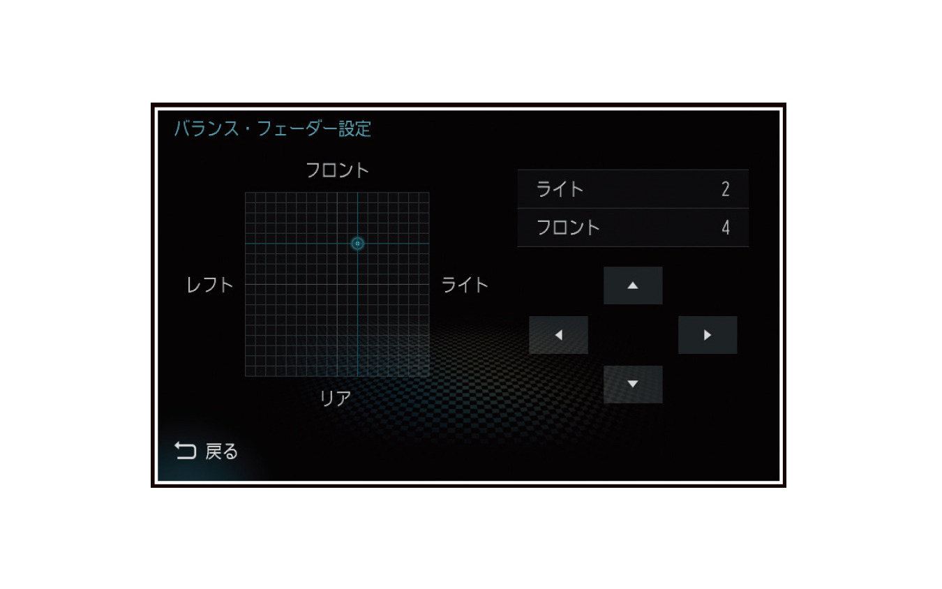 「バランス」と「フェーダー」の設定画面の一例(三菱電機・ダイヤトーンサウンドナビ)。