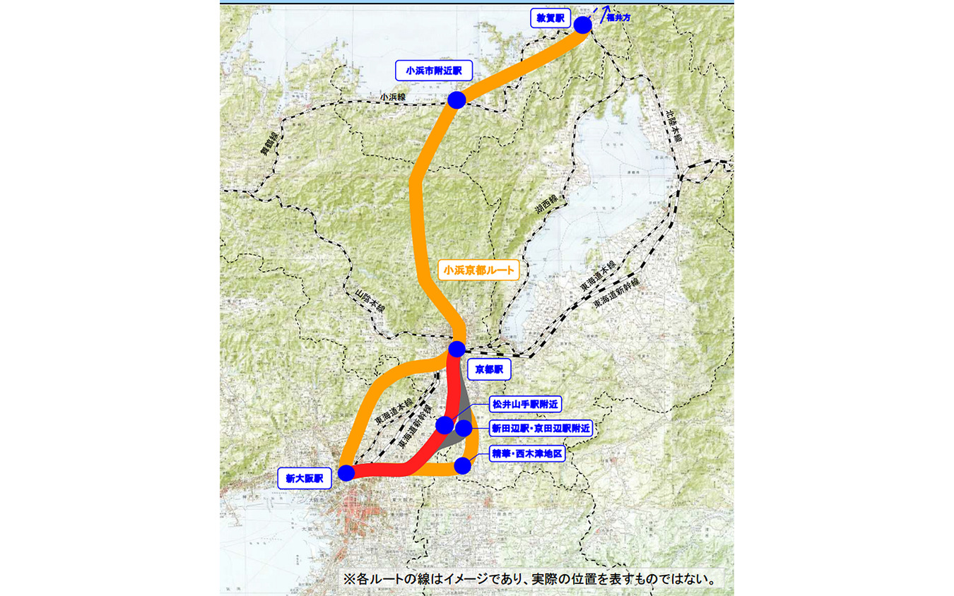 構想されている北陸新幹線敦賀～新大阪間の延伸ルート。